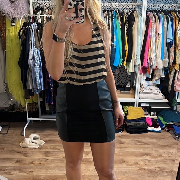 Lush Striped Blouson Dress with Faux Leather Panels - Picture 1 of 12
